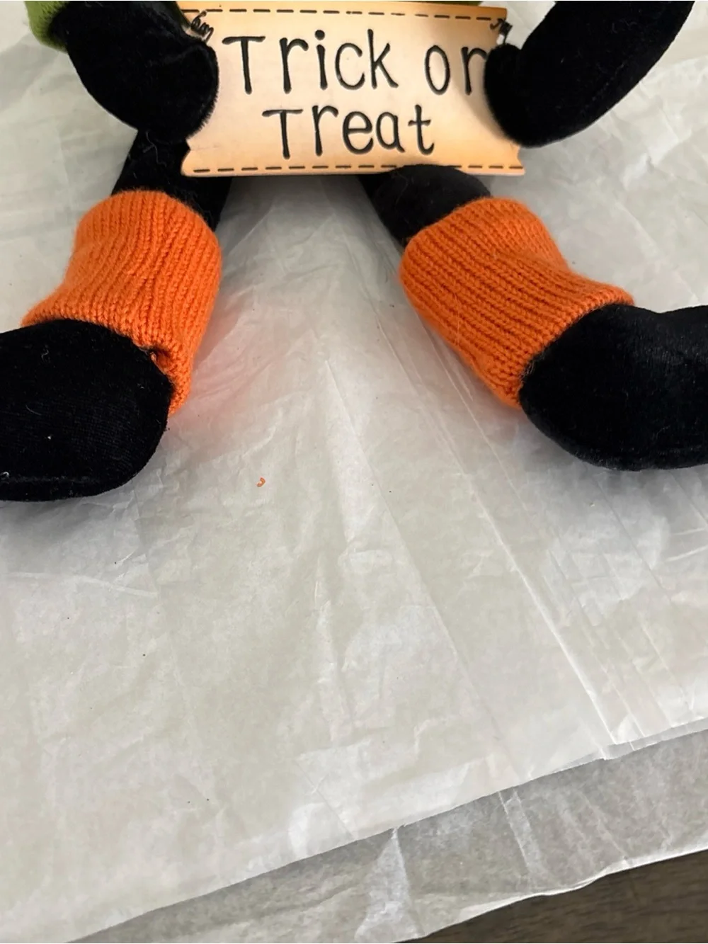 Black Cat Plush with Green 'BOO' Sweater and Orange Socks - Halloween Decor